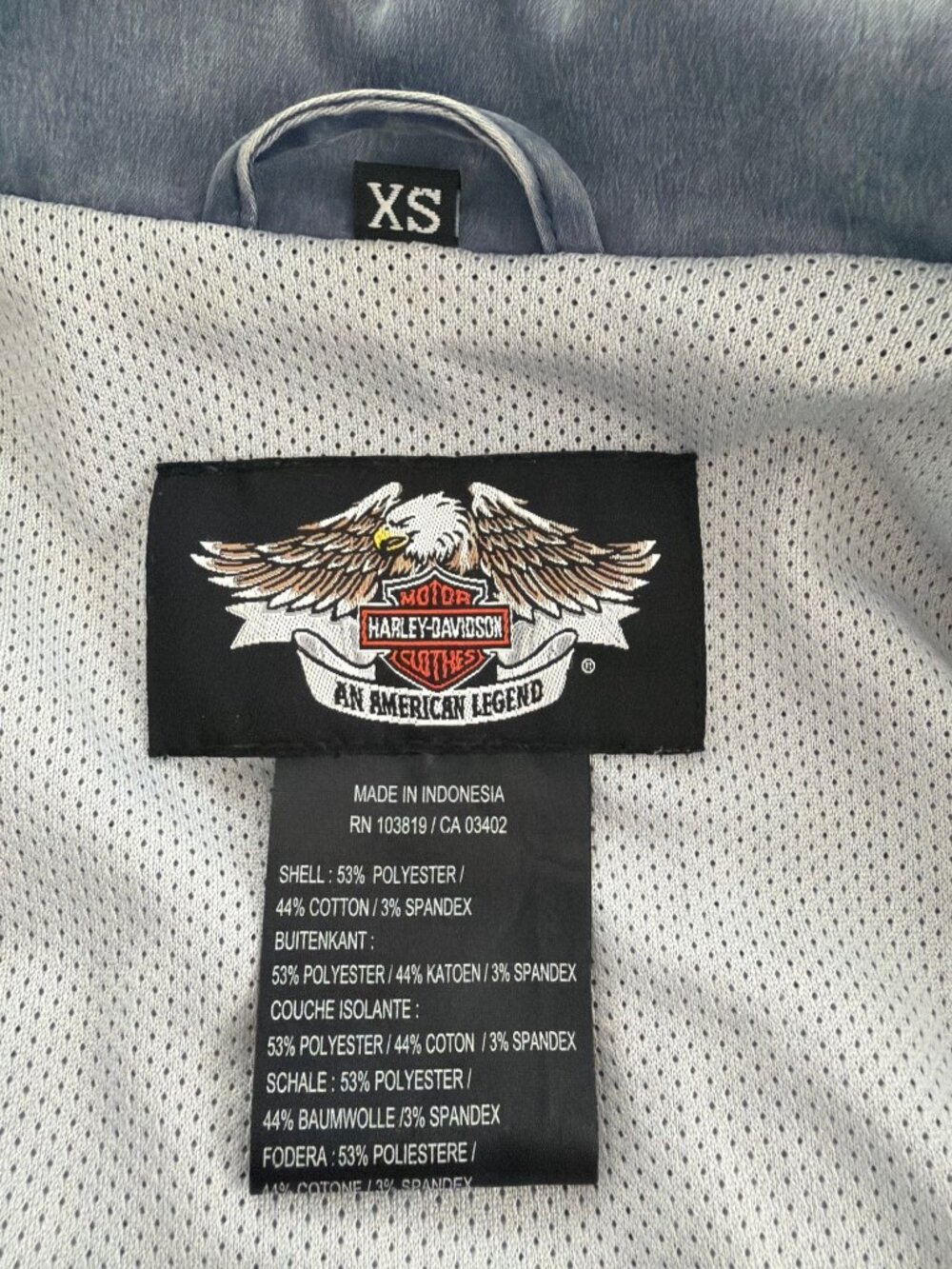 Harley Davidson Embroidered Gray Blue Denim Jacket Riding Tie Up Zippers XS NWOT - Picture 8 of 8
